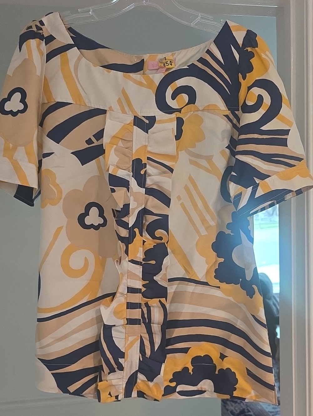 Lilly Pulitzer Silk Yellow Navy Cream Patterned Ruffle Blouse